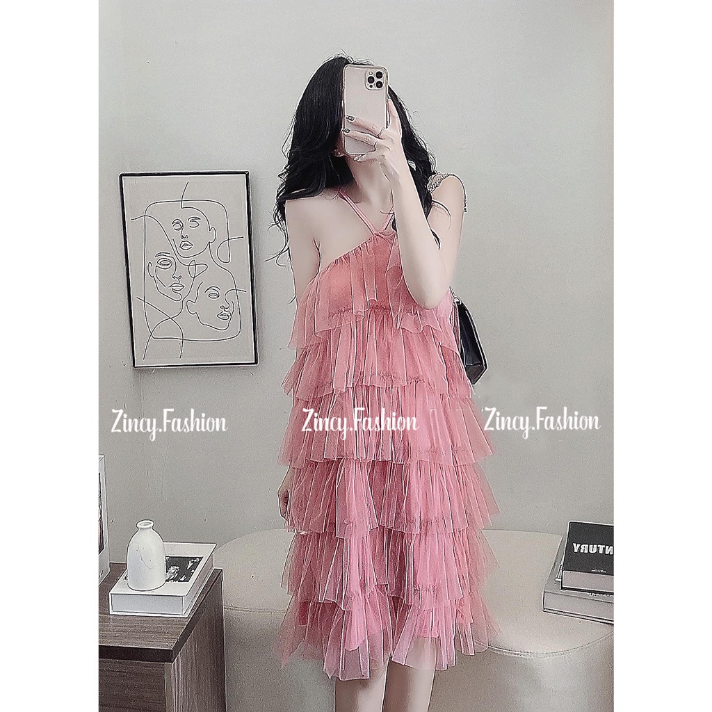 Đầm cổ yếm lưới tầng dáng ngắn xoè Váy babydoll dự tiệc đi chơi nữ tính gợi cảm Kèm Hình Thật LTNCY01