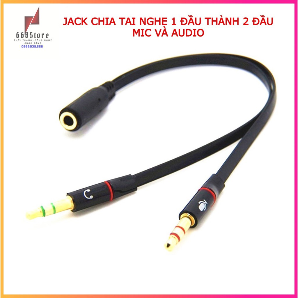 Jack chia tai nghe 1 chân 3.5mm thành 2 chân 3.5mm audio và mic