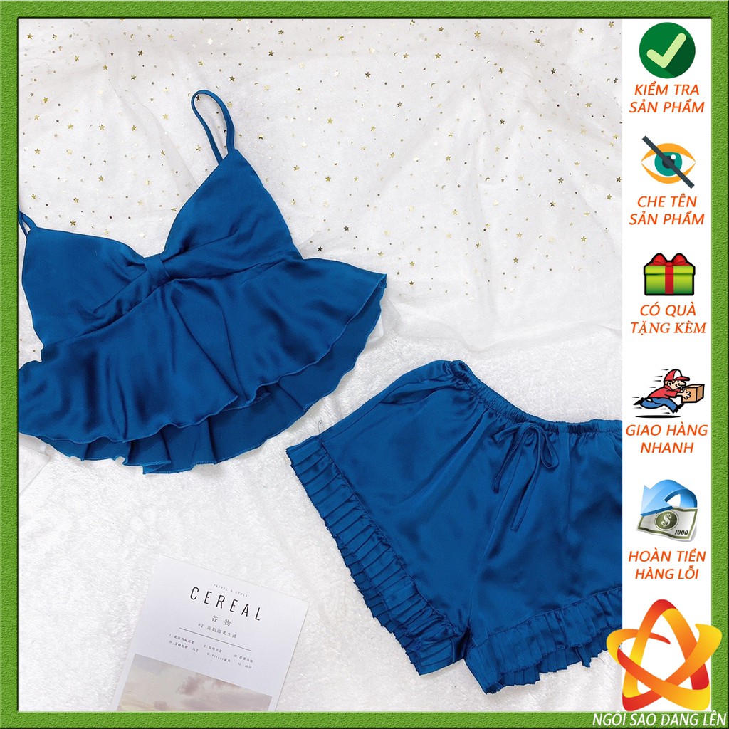 Đồ ngủ sexy nữ  Freeship  Đồ ngủ sexy nữ hai dây nhún nơ chất lụa satin mềm mịn Freesize dươi 60kg