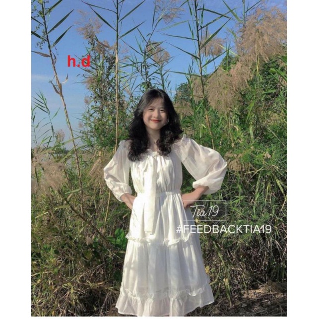 Váy Tiểu Thư Trắng Trễ Vai or Cổ Vuông Vintage Nơ Cổ Ullzang❤Đầm Xòe 2 Lớp lót trong Mặc Nhiều Kiểu tiểu thư Maxi
