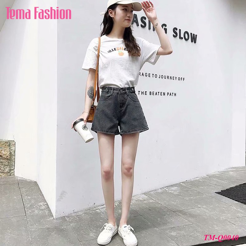 Quần short jean nữ TEMA - Quần đùi nữ jean xám dày dặn cách điệu siêu đẹp