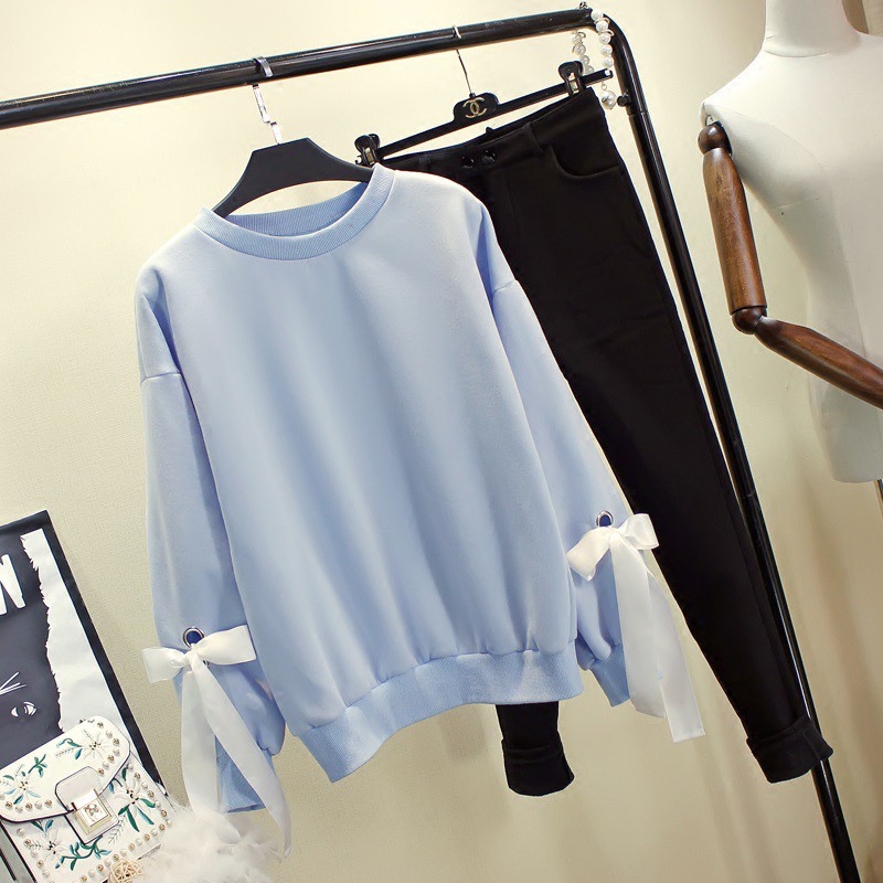 Áo Sweater dáng rộng tay dài phối nơ thời trang