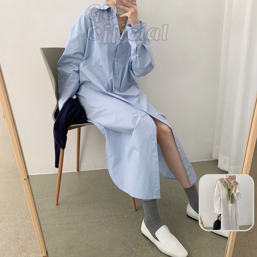 D16|Đầm sơ mi basic cho nữ, dáng dài cổ điển, cotton dày dặn, hút mồ hôi màu trắng, xanh gd_order