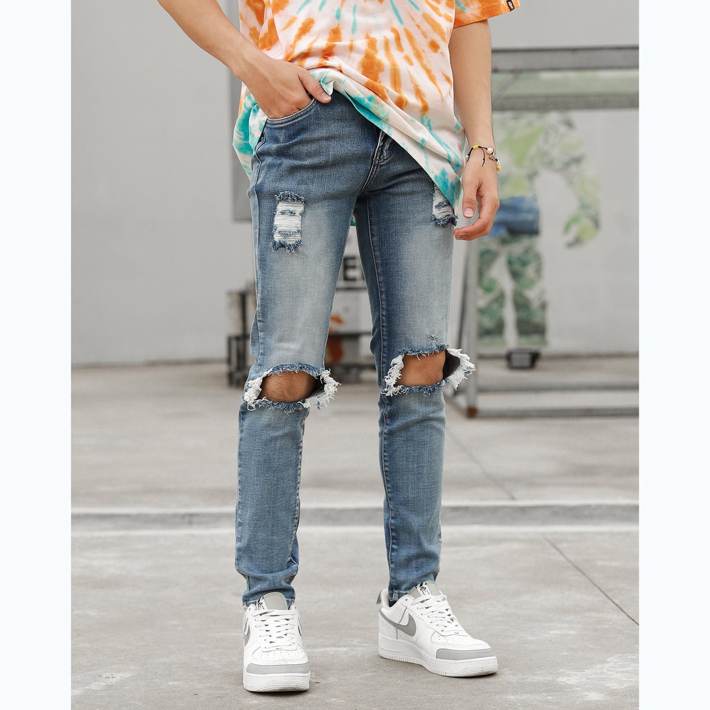Quần Skinny Jeans Nam-Màu Xanh Đậm-Rách Gối To-Chất Liệu Cotton Co Giãn-Ống Đứng Dáng-Ống Ôm Chân Chuẩn Skinny | BigBuy360 - bigbuy360.vn