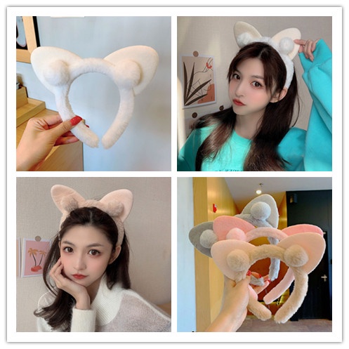 Cài tóc rửa mặt giả lông thỏ trang trí tai mèo hoạt họa đáng yêu ngọt ngào cho nữ