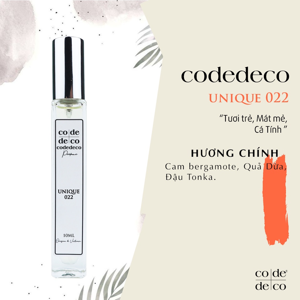 Tinh dầu nước hoa Code Deco Unique 022 - 10ml, Tươi trẻ, Mát mẻ, Cá Tính