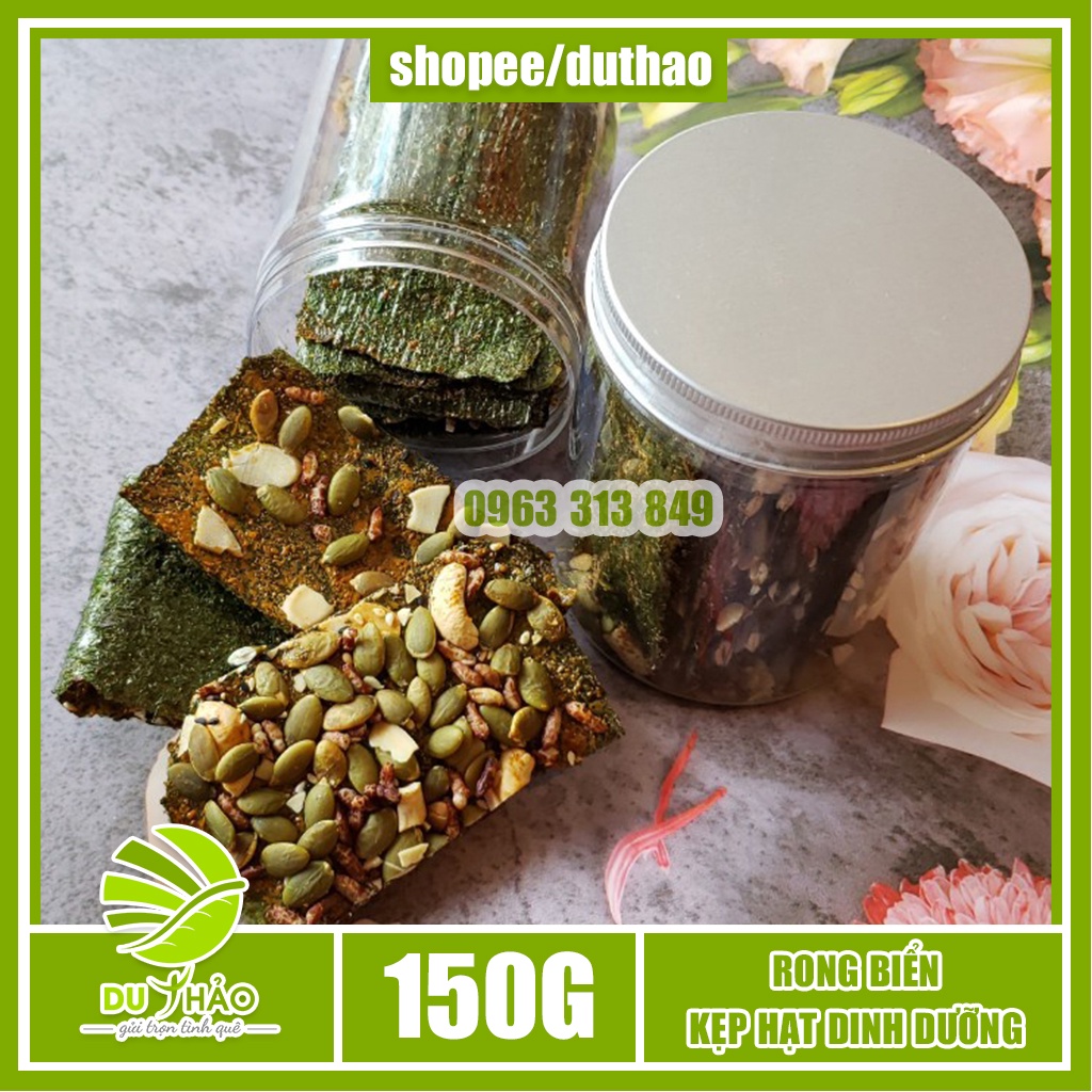 Rong Biển Kẹp Hạt Thuần Chay hiệu Mùa Ăn, kẹp hạt bí xanh, hạt điều, hạnh nhân cắt lát, hạt mè, gạo lứt, đồ ăn vặt ngon