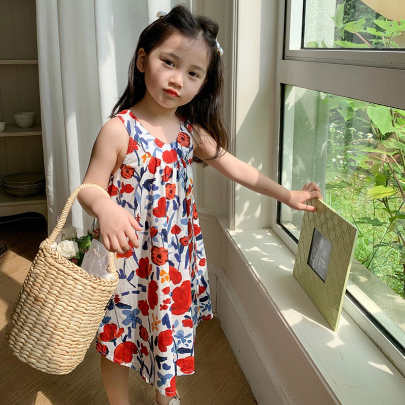 Se7en Đầm Công Chúa Mùa Hè Hai Dây Eo Phồng In Họa Tiết Hoa Phong Cách Hàn Quốc Cho Bé Gái