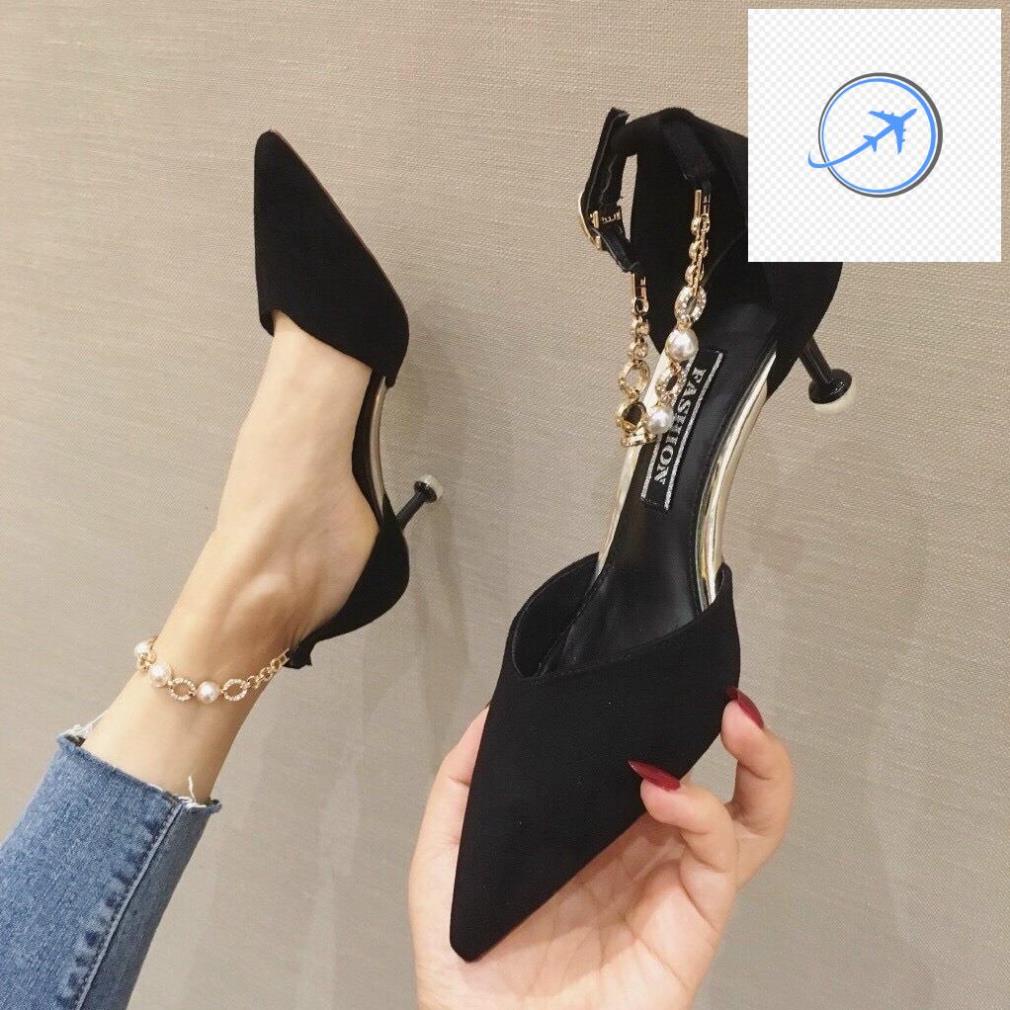 GIÀY SANDAL NỮ, GIÀY CAO GÓT NỮ QUAI NGỌC BÍT MŨI DA LỘN GÓT 5P SANG CHẢNH
