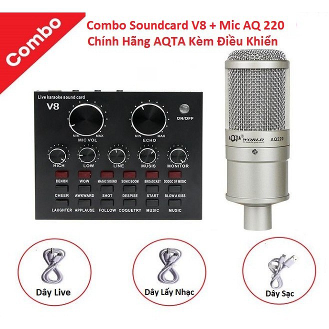 Combo Soundcard V8 Bluetooth + Mic AQ 220 Livetream Karaoke, Cả Bộ Chính Hãng AQTA Có AutoTune Chuẩn Phòng Thu