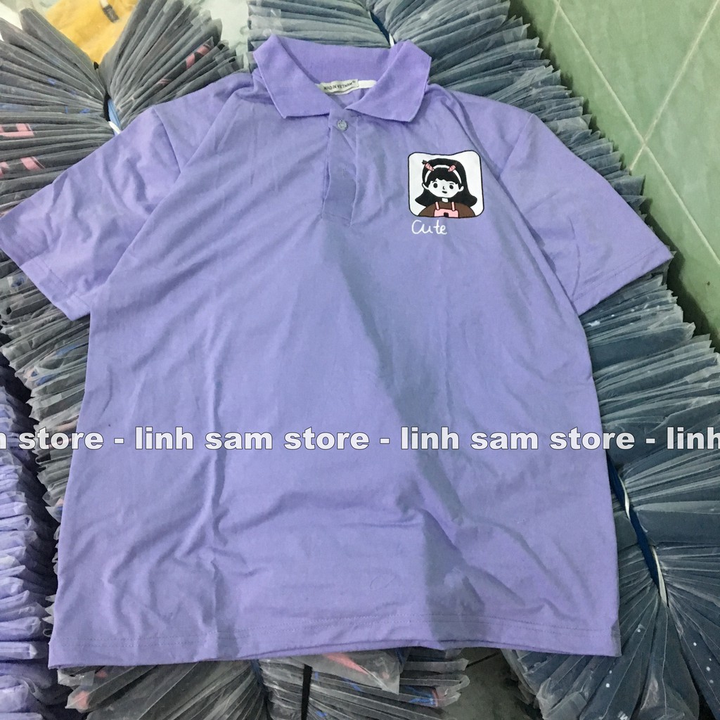 Áo thun POLO nữ tay lỡ có cổ phông form rộng freesize unisex mặc đi học, cặp, nhóm, lớp in hình CÔ GÁI chữ CUTE