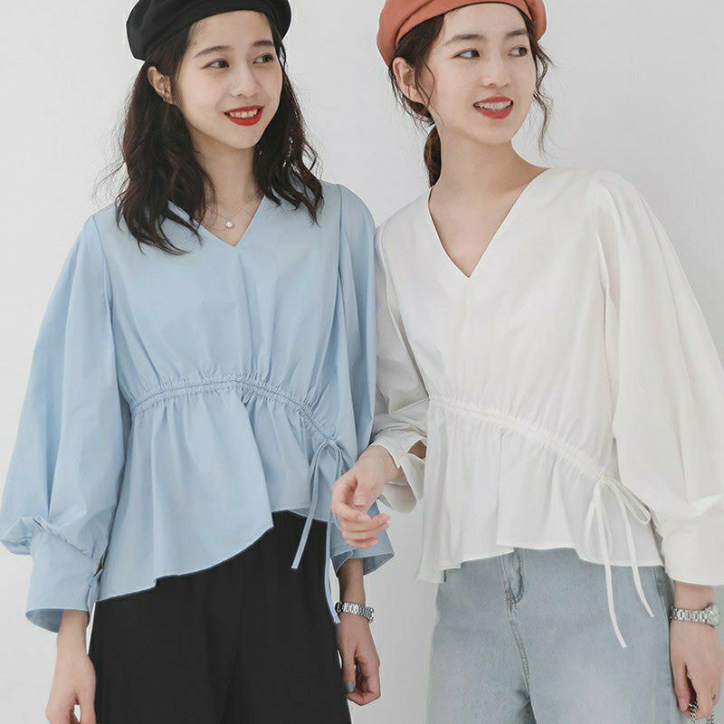 Áo sơ mi cổ V dây rút màu trơn