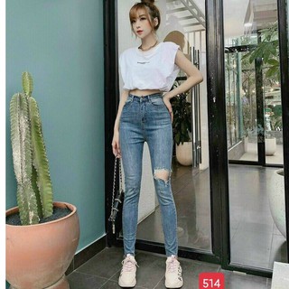 Quần Jean Nữ Lưng Cao, quần bò nữ rách gối Chất Jean Co Giãn thoải mái vải mềm chuẩn xịn dáng cao
