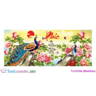 Tranh thêu chữ thập Phúc - Khổng Tước Hoa Mẫu Đơn kt90x43cm LV3184