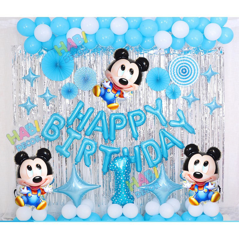 Set trang trí sinh nhật happy birthday chủ đề chuột mickey cho bé trai, bé gái tại nhà đầy đủ phụ kiện siêu đẹp C03