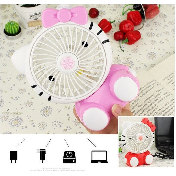 ⚡ Siêu Mát ⚡ Quạt Sạc Tích Điện USB Hình Mèo Kitty Siêu Dễ Thương - Quạt Sạc Để Bàn Hình Hello Kitty