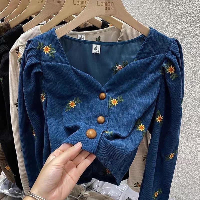 🍂🍂Áo nhung tăm hoạ tiết hoa xinh,cổ tim ngực tay bồng