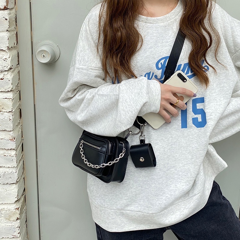 Túi đeo chéo hình vuông cỡ nhỏ phối dây đeo sợi xích phong cách đường phố cá tính cho nữ