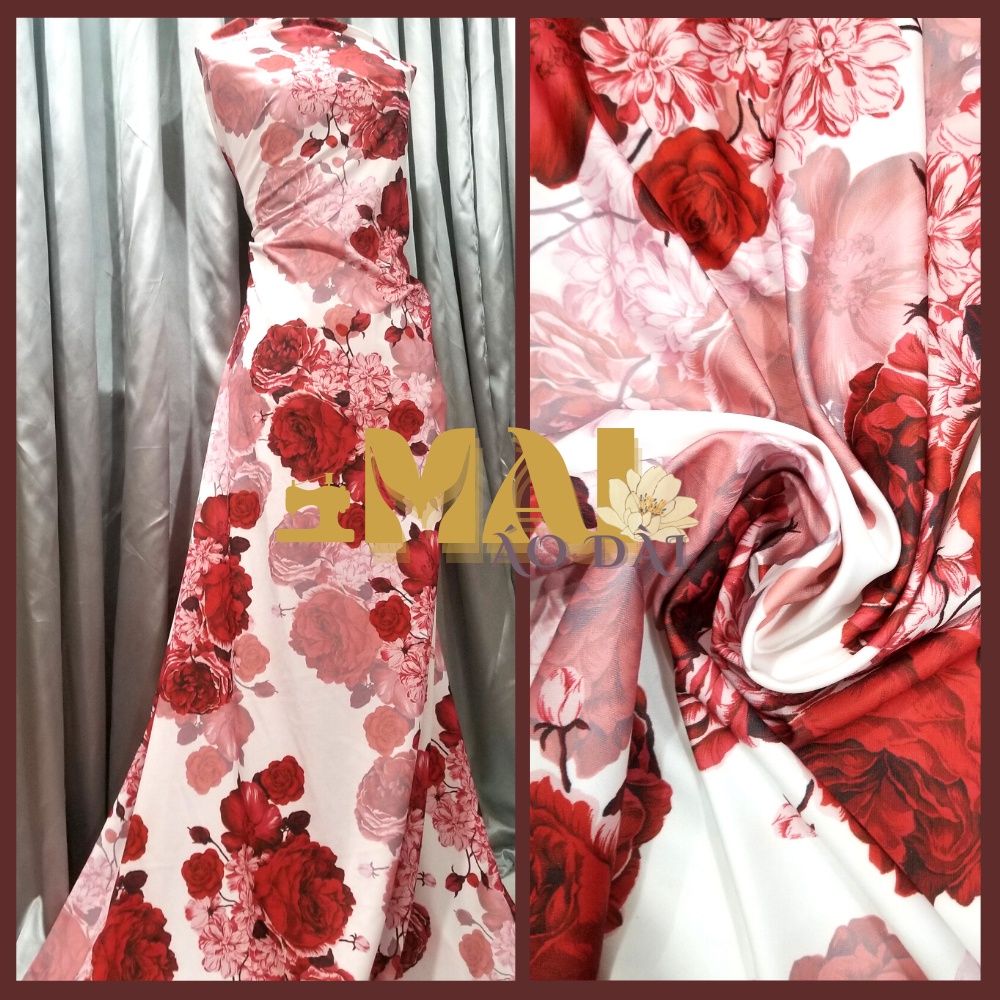Vải 2m umi thun Mỹ hoạ tiết hoa đỏ nền trắng sang trọng