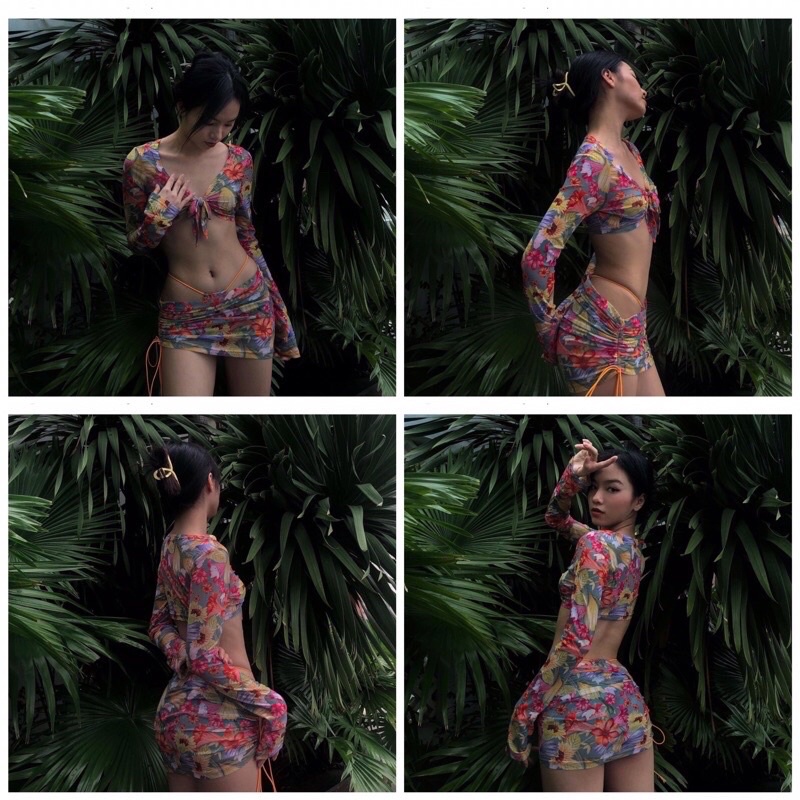 Bikini Đồ bơi nữ áo tay dài quần chip kèm váy hoa vintage sexy siêu Hot 2022
