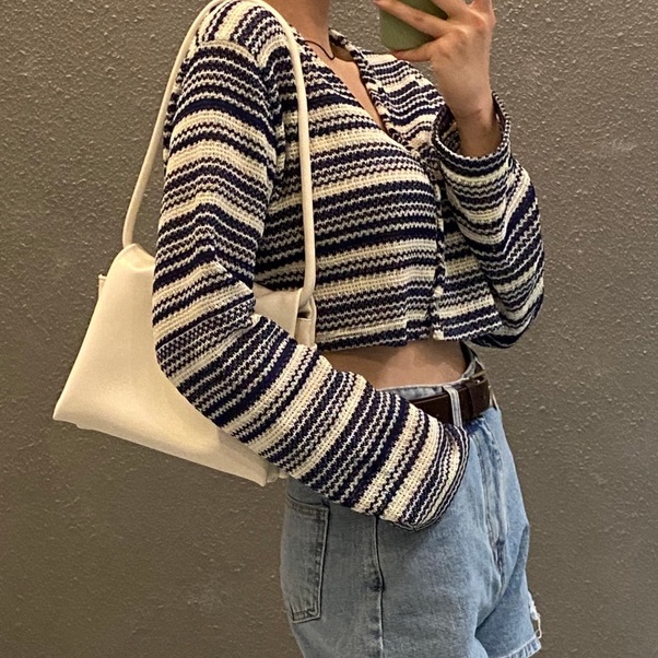 Áo cardigan ZHELIHANGFEI dệt kim tay dài cổ chữ V họa tiết kẻ sọc