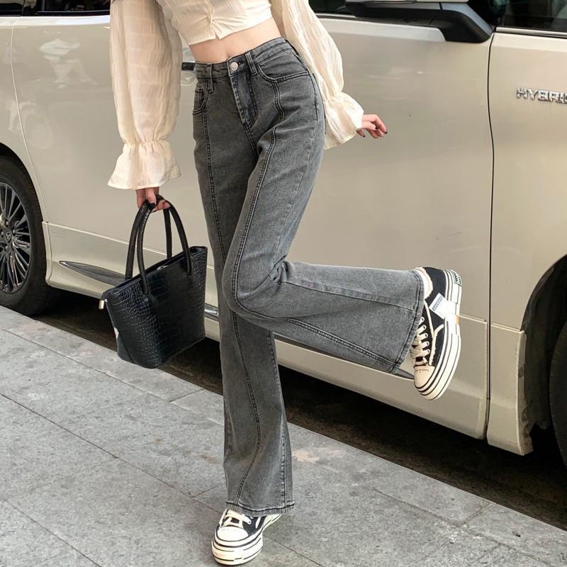 IELGY Quần denim Lưng Cao Ống Loe Ôm Dáng Thời Trang Cho Nữ