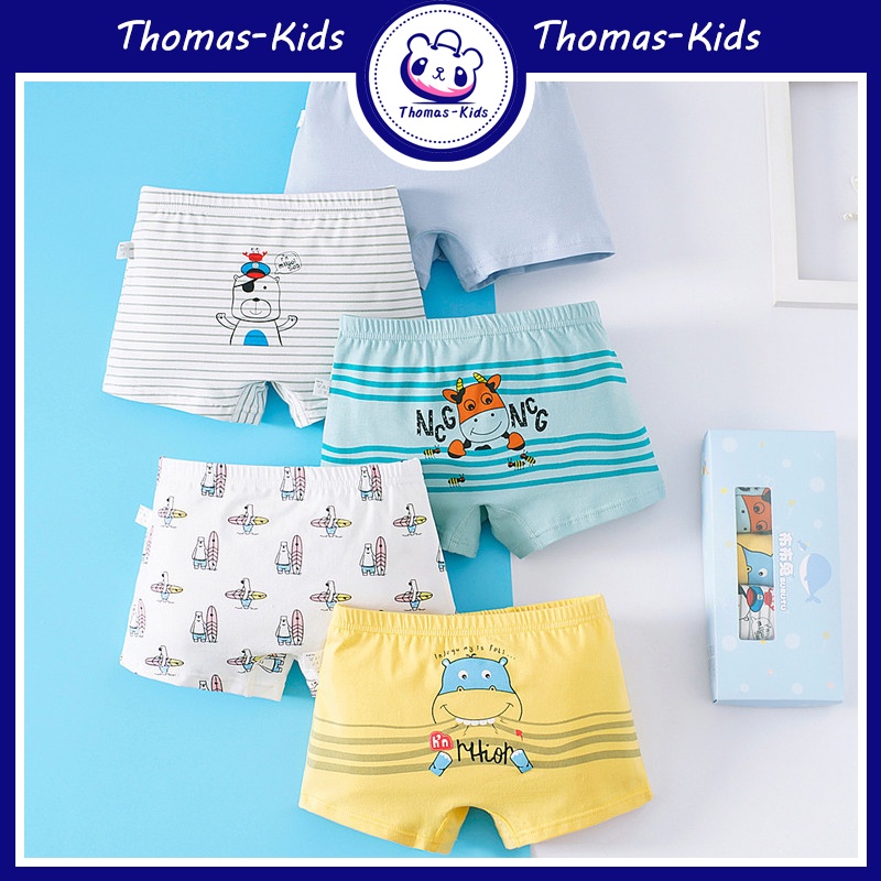 [THOMAS KIDS] Bộ 5 Quần Lót Boxer Vải Cotton Mềm Mại In Họa Tiết Hoạt Hình Dễ Thương Cho Bé Trai 3-12 Tuổi