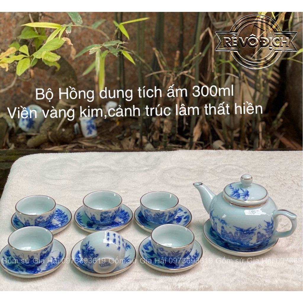 Bộ ấm chén hồng viền vàng vẽ trúc lâm thất hiền Bát Tràng