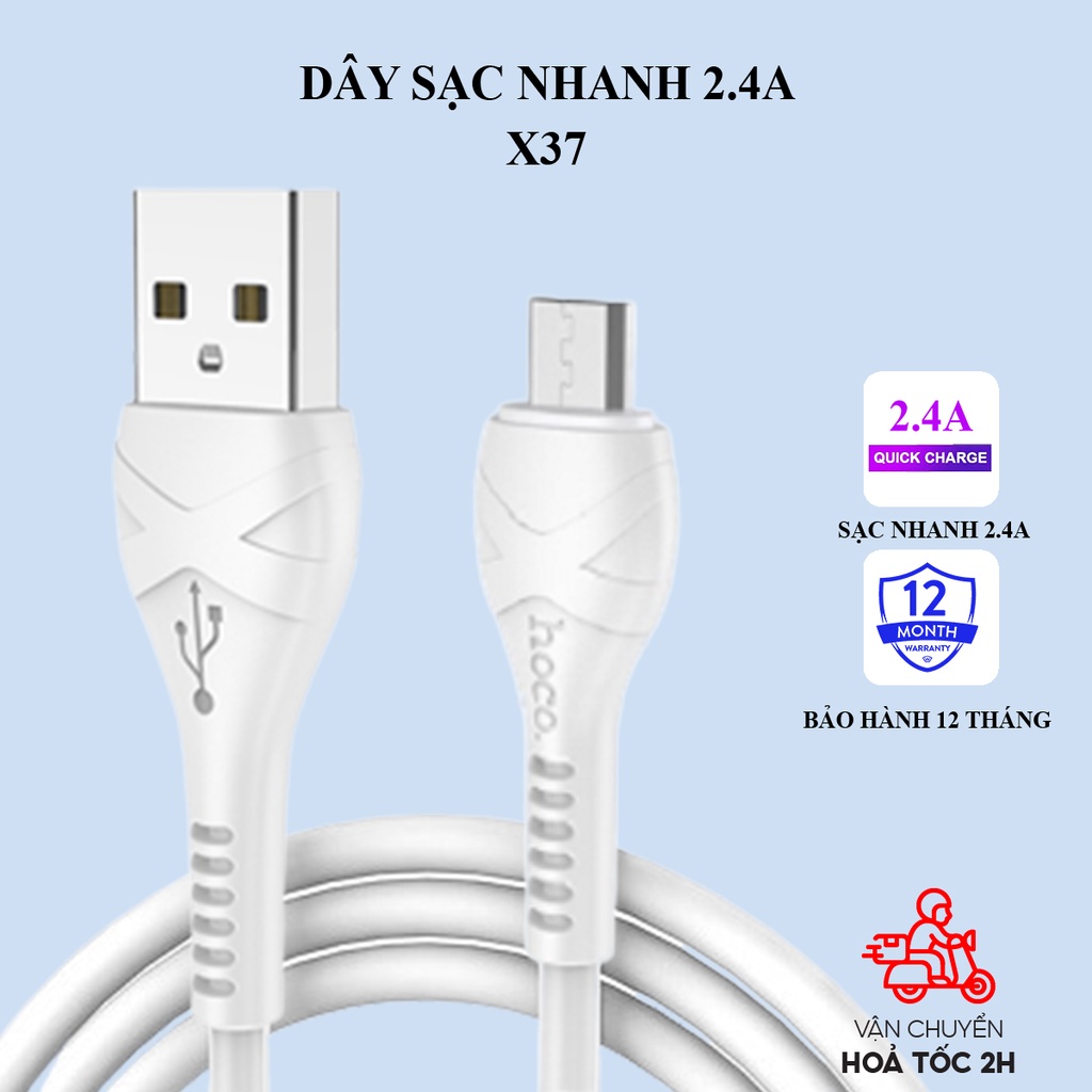 Dây sạc nhanh Hoco 2.4A X37 siêu bền, chống đứt rối, hỗ trợ truyền dữ liệu cho các dòng điện thoại