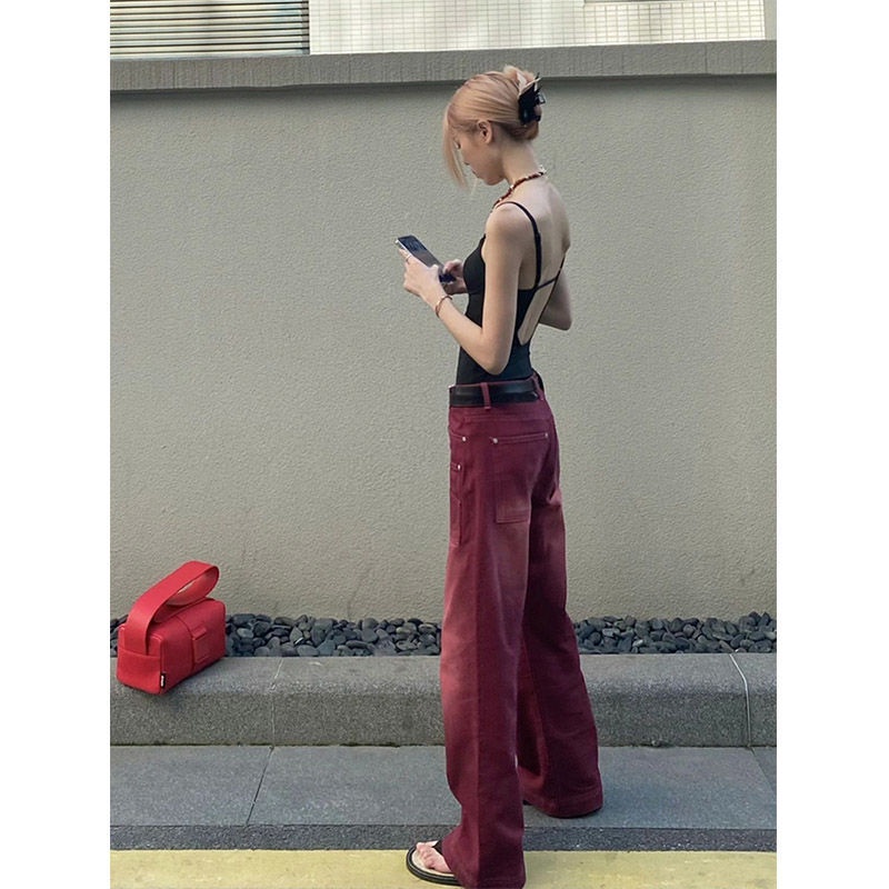 Quần Jean Nữ Ống Đứng Lưng Cao Màu Đỏ Rượu Vang Phong Cách Âu Mỹ Retro Mới