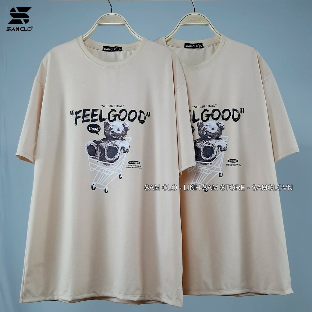 Áo phông nữ tay lỡ SAM CLO thun form rộng dáng Unisex - mặc cặp, nhóm, lớp in XE ĐẨY CON GẤU chữ FEEL GOOD màu nude