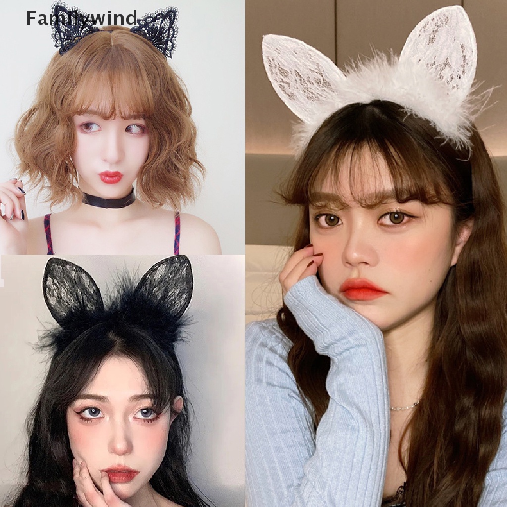 Băng Đô Cài Tóc Hình Tai Mèo Bằng Ren Ruy Băng Thắt Nơ Màu Trơn Dễ Thương Cho Nữ