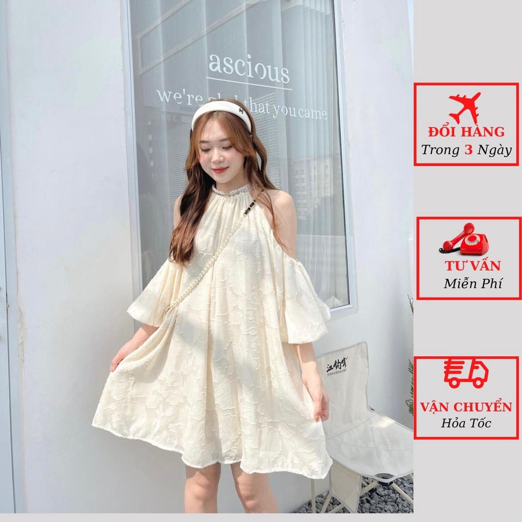 Váy trễ vai babydoll nữ cổ yếm tay bồng ren hoa nổi tiểu thư bánh bèo đi biển du lịch ulzzang Hàn Quốc