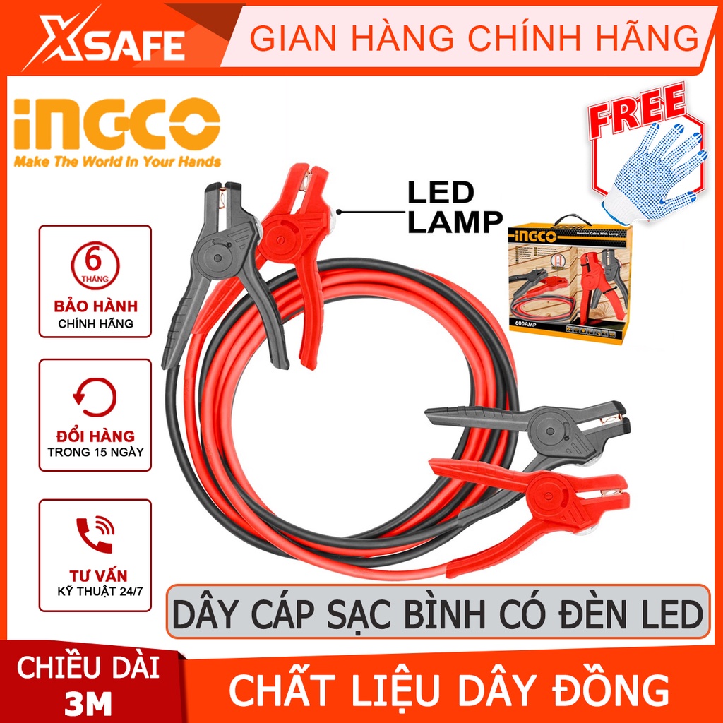 Dây cáp sạc bình có đèn led INGCO HBTCP6008L Dây câu bình ắc quy 600AMP, dây đồng, chiều dài cáp 3m - [XSAFE]