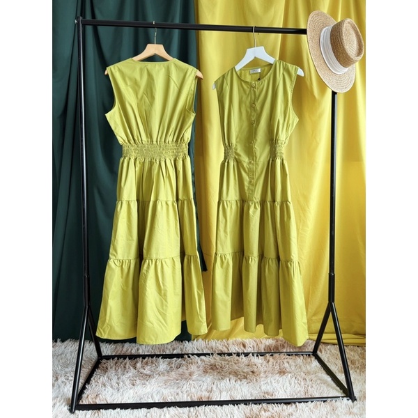 VN829 - VÁY XANH CỐM CHUN EO 3 TẦNG SÁT NÁCH