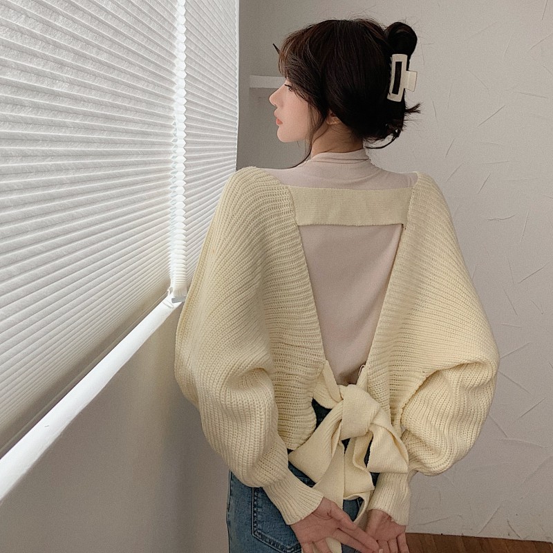 Áo Khoác Sweater Dài Tay Với Thiết Kế Phối Dây Xinh Xắn Theo Phong Cách Hàn Quốc