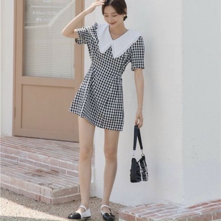 Đầm caro cổ bèo thắt eo (kèm hình thật)
