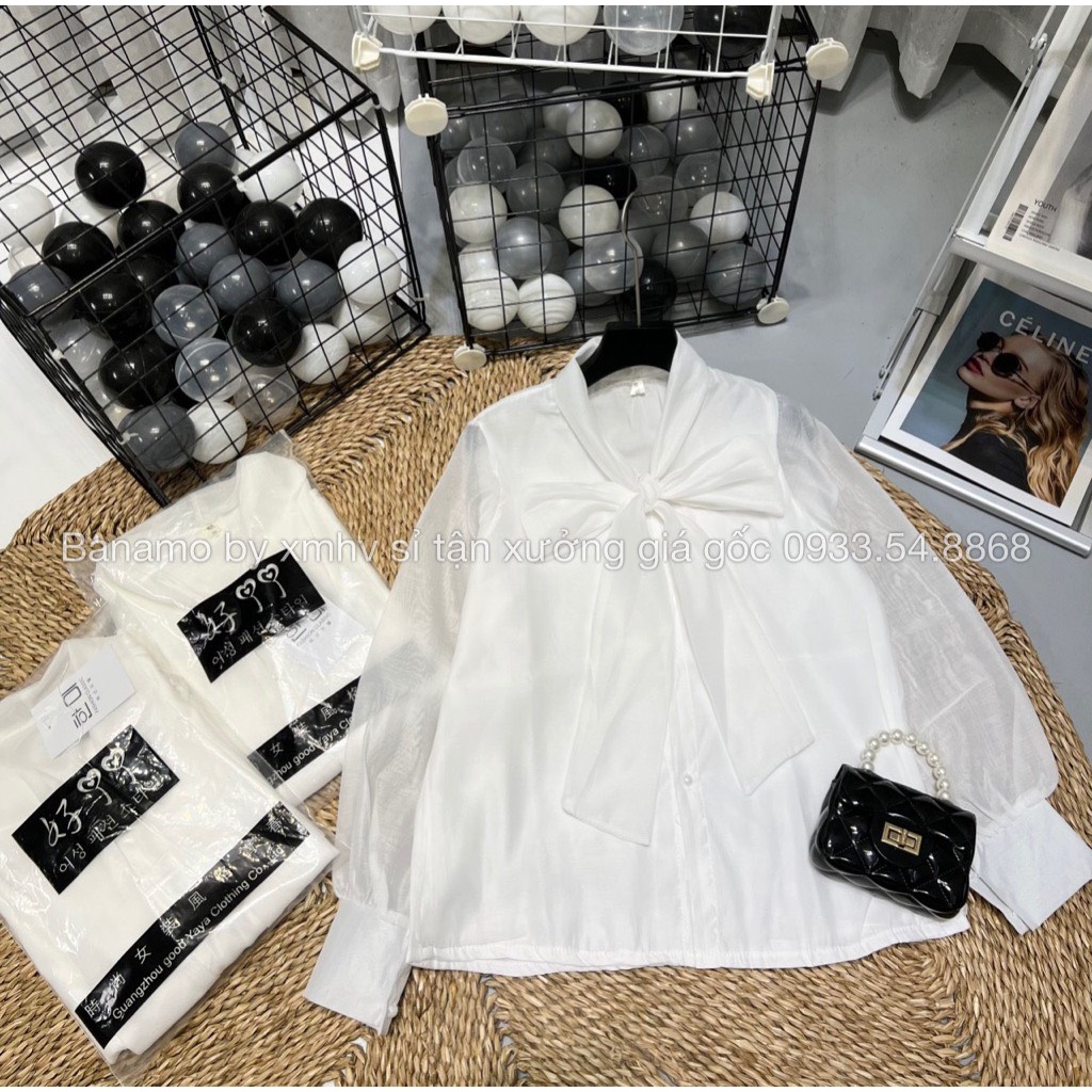 Áo sơ mi cổ nơ voan tơ cao cấp tay bồng phối khuy ngọc thời trang Banamo Fashion 3914