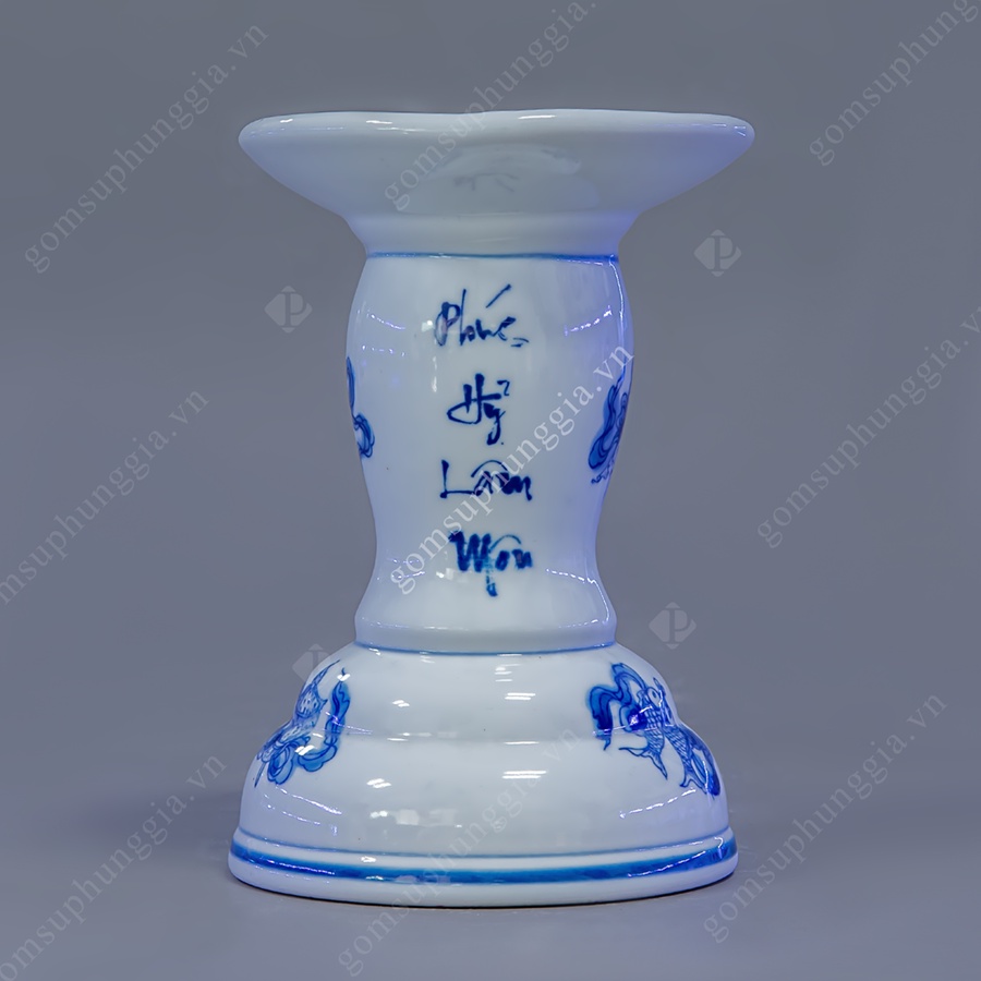 Chân đế nến hoạ tiết Ngũ Phúc nhiều kích cỡ men Lam Trắng Trơn, đồ thờ cúng Phùng Gia - Gốm sứ Bát Tràng cao cấp