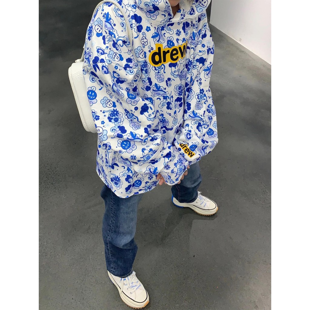 DREW HOUSE Tide brand Justin Bieber blue and white porcelain cloud full printed logo hooded stitching sweater