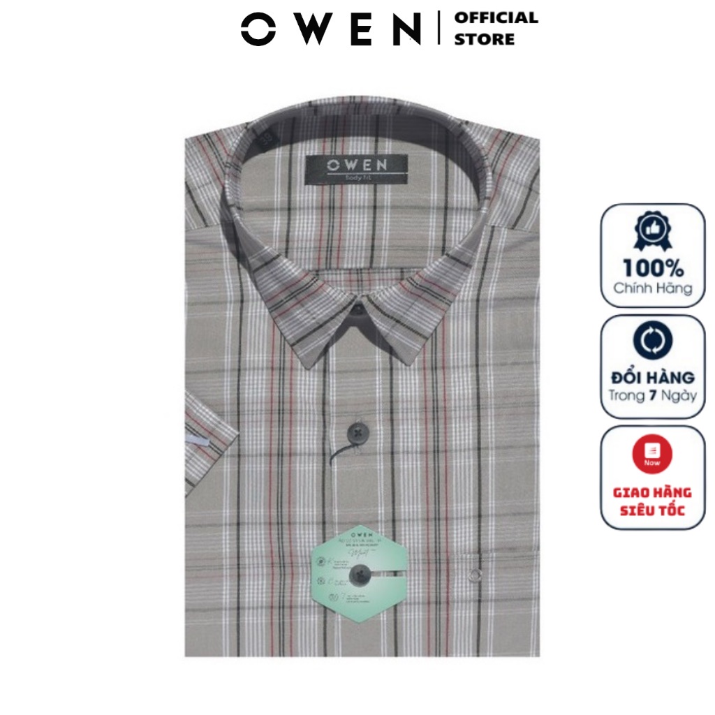Áo Sơ Mi Nam Ngắn Tay OWEN BA220222NT Somi Công Sở Cao Cấp Màu Caro Nâu Đen Trắng Vải Bạc Hà Dáng Suông Tà Bằng Có Túi