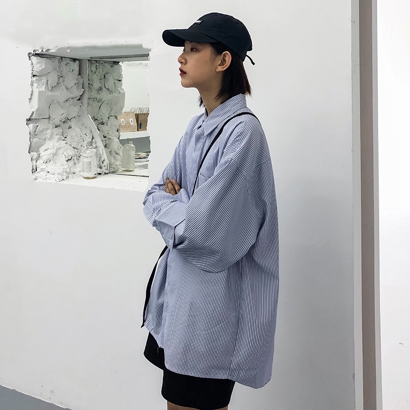 Áo sơ mi Nelly dài tay kẻ sọc basic form rộng dáng suông