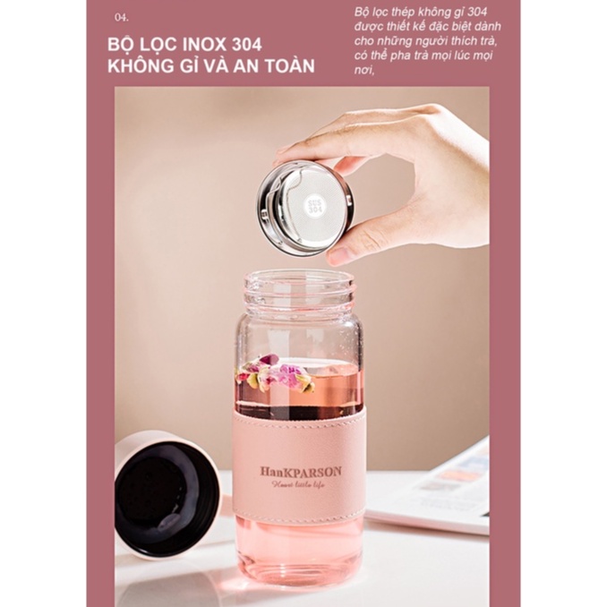Bình Nước Thủy Tinh Cao Cấp Gulife GLC66 Bọc Da, Chịu Lực, Chịu Nhiệt, Có Dây Đeo Kèm Bộ Lọc Inox 304 Dung Tích 480ML