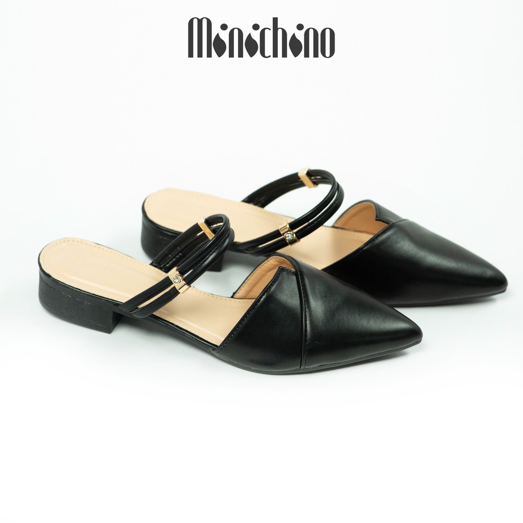 Giày sục nữ cao 3cm MINICHINO mũi nhọn hở gót phối dây thời trang màu kem TC051 | BigBuy360 - bigbuy360.vn