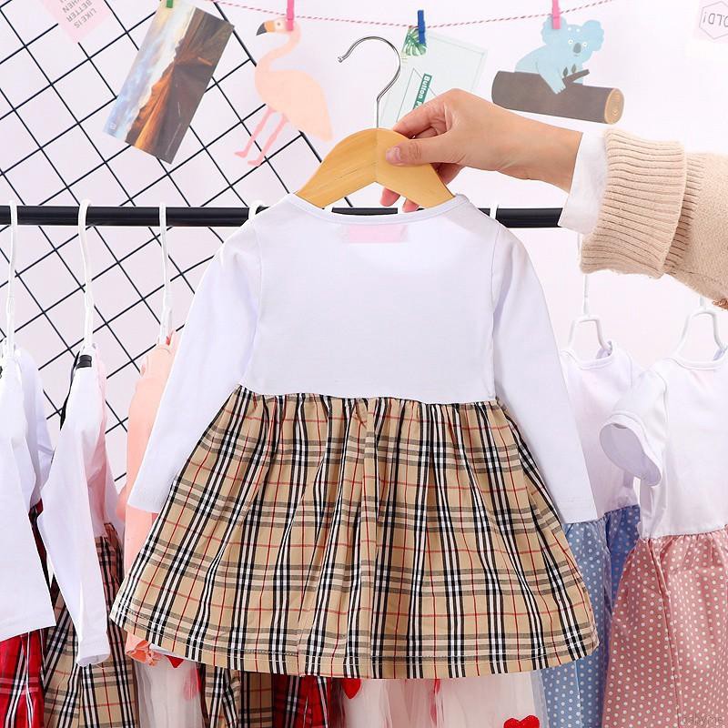 Babyme Children Girls Plaid Print Fake Two Piece Bottoming Long Sleeved Sweet Princess Dress