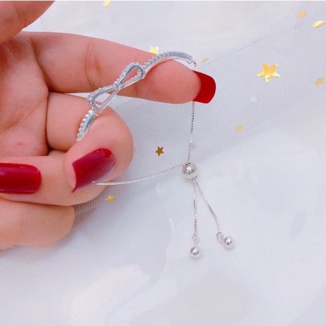 Lắc tay nữ bạc ta nơ siêu xinh, thiết kế dây rút điều chỉnh theo cỡ tay Mainomi Shop Bạc Xinh