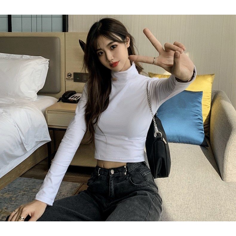 Áo thun COZOK tay dài cổ cao màu trơn hợp thời trang