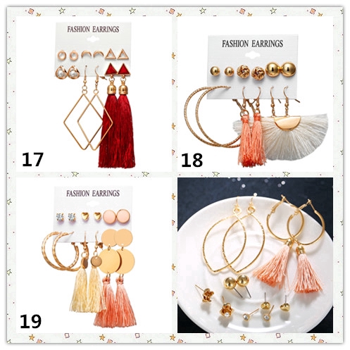 Set 6 cặp khuyên tai xỏ thiết kế tua rua kiểu dáng hình học đính đá pha lê ngọc trai phong cách retro cho nữ