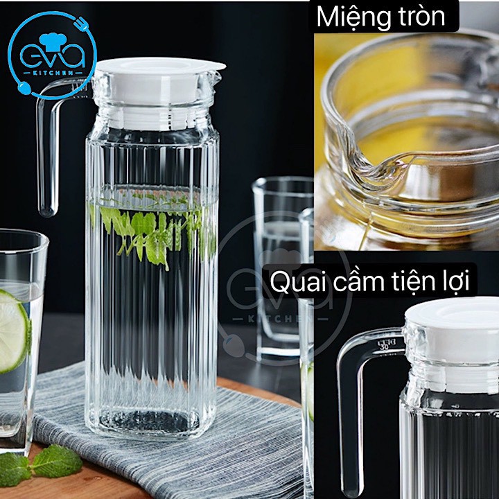 Set 2 Bình Đựng Nước Thuỷ Tinh Miệng Rót Sọc Có Quai Cầm 1000 Ml Và 500 Ml M0749