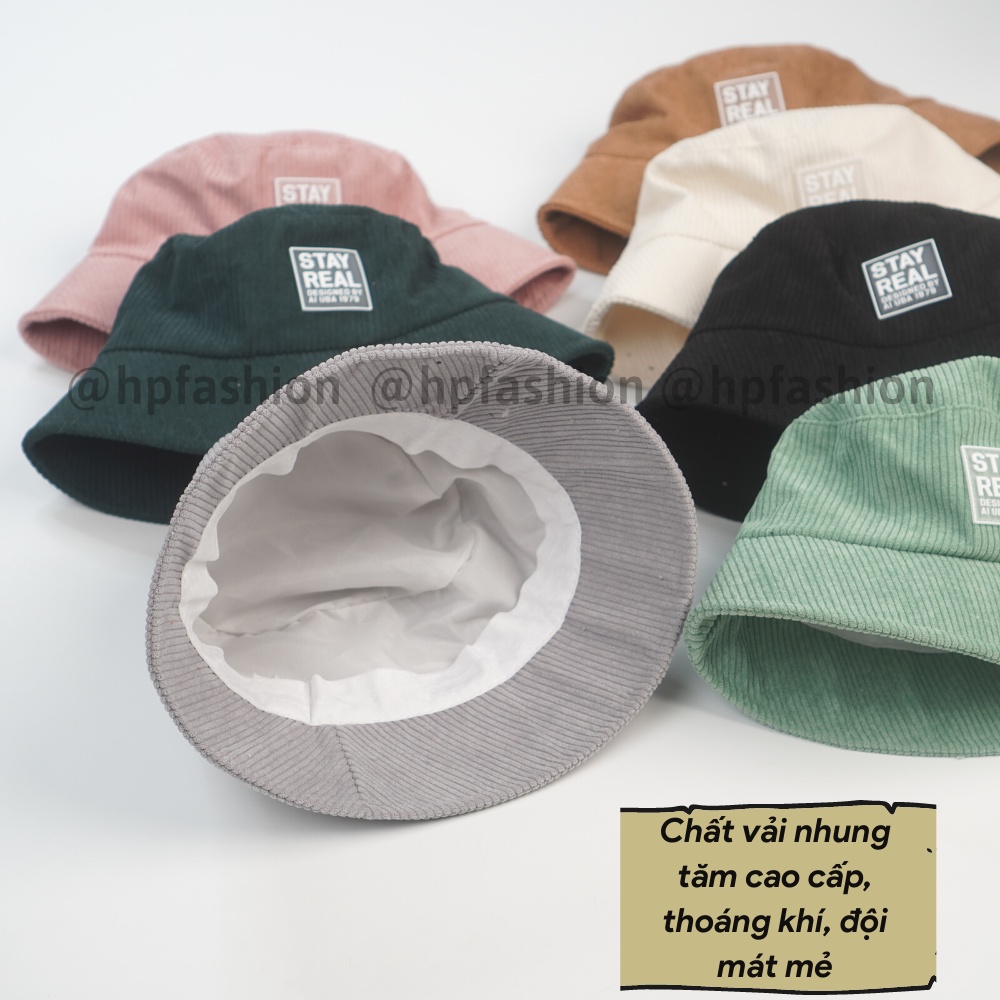 Mũ BUCKET vành cụp ❤️ Nón tai bèo thêu tem STAY REAL chất nhung tăm cao cấp form unisex nam nữ N69 - Happy Style